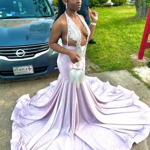 LAVENDER GLITTER BACKLESS PROM DRESS